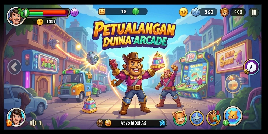 Tangkapan layar utama F08 menampilkan aksi seru gameplay Arcade yang penuh warna.