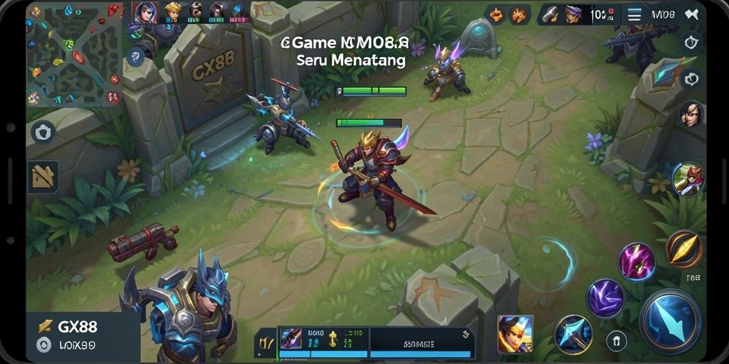 Screenshot gameplay GX88 yang menampilkan aksi seru dalam pertempuran MOBA.