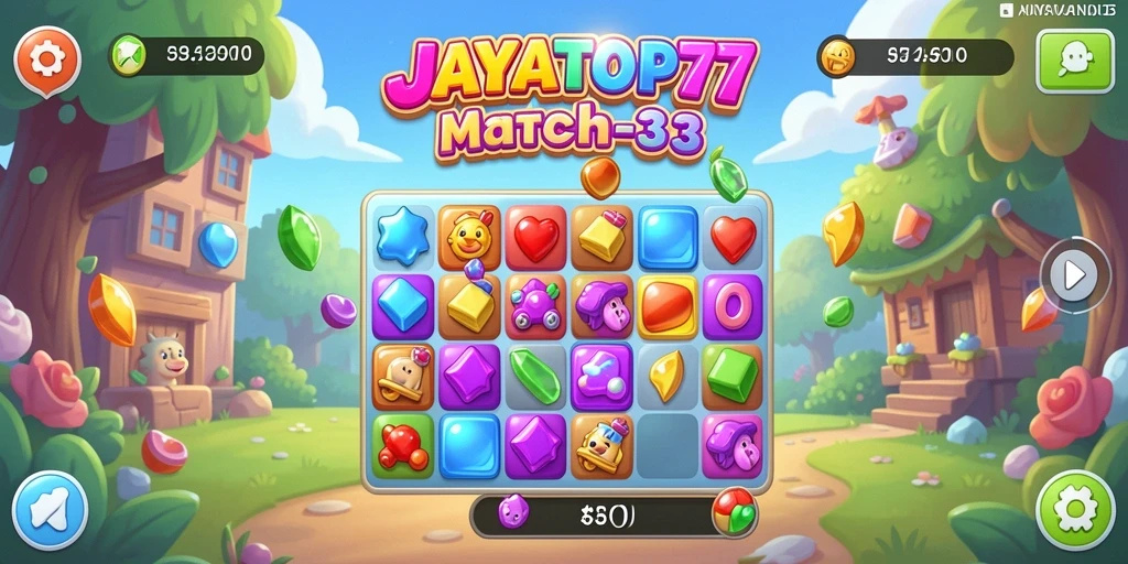 Tampilan gameplay menarik dari JAYATOP77 dengan elemen-elemen Match-3.