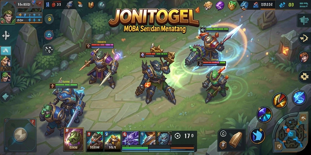 Tampilan seru gameplay MOBA JONITOGEL di arena pertempuran.