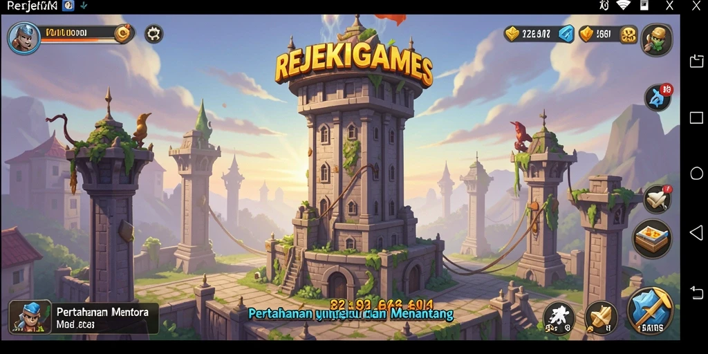 Tampilan gameplay seru dalam REJEKIGAMES dengan menara pertahanan strategis.