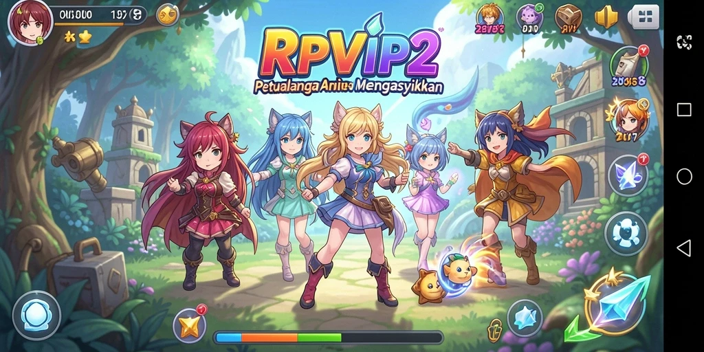 Screenshot RPVIP2 menunjukkan pertarungan karakter anime yang dinamis.