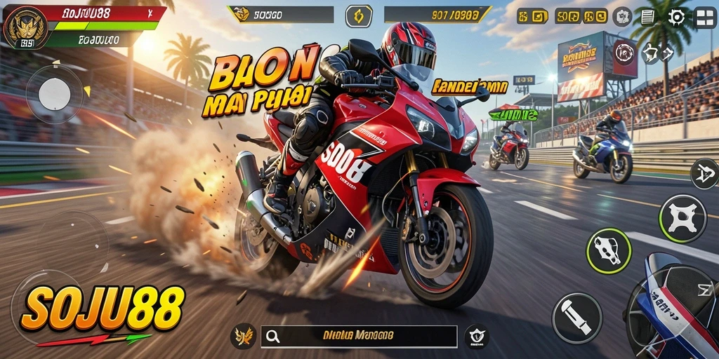 Screenshot gameplay SOJU88 menampilkan balapan motor yang seru dan mendebarkan.