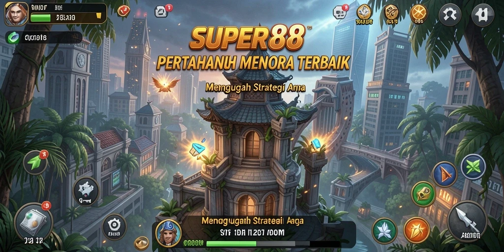 Gameplay SUPER88 dengan menara dan serangan musuh yang intens.