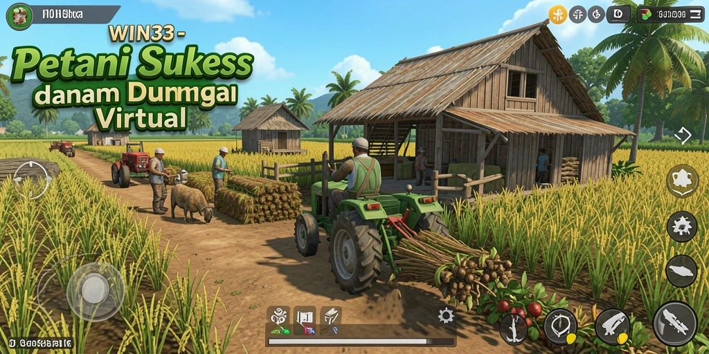 Tampilan gameplay WIN33 yang menampilkan pertanian yang indah dan aktivitas bercocok tanam.